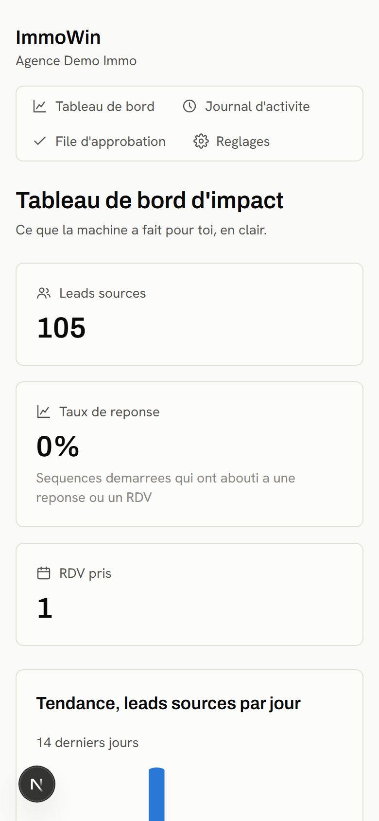 ImmoWin dashboard on a phone screen