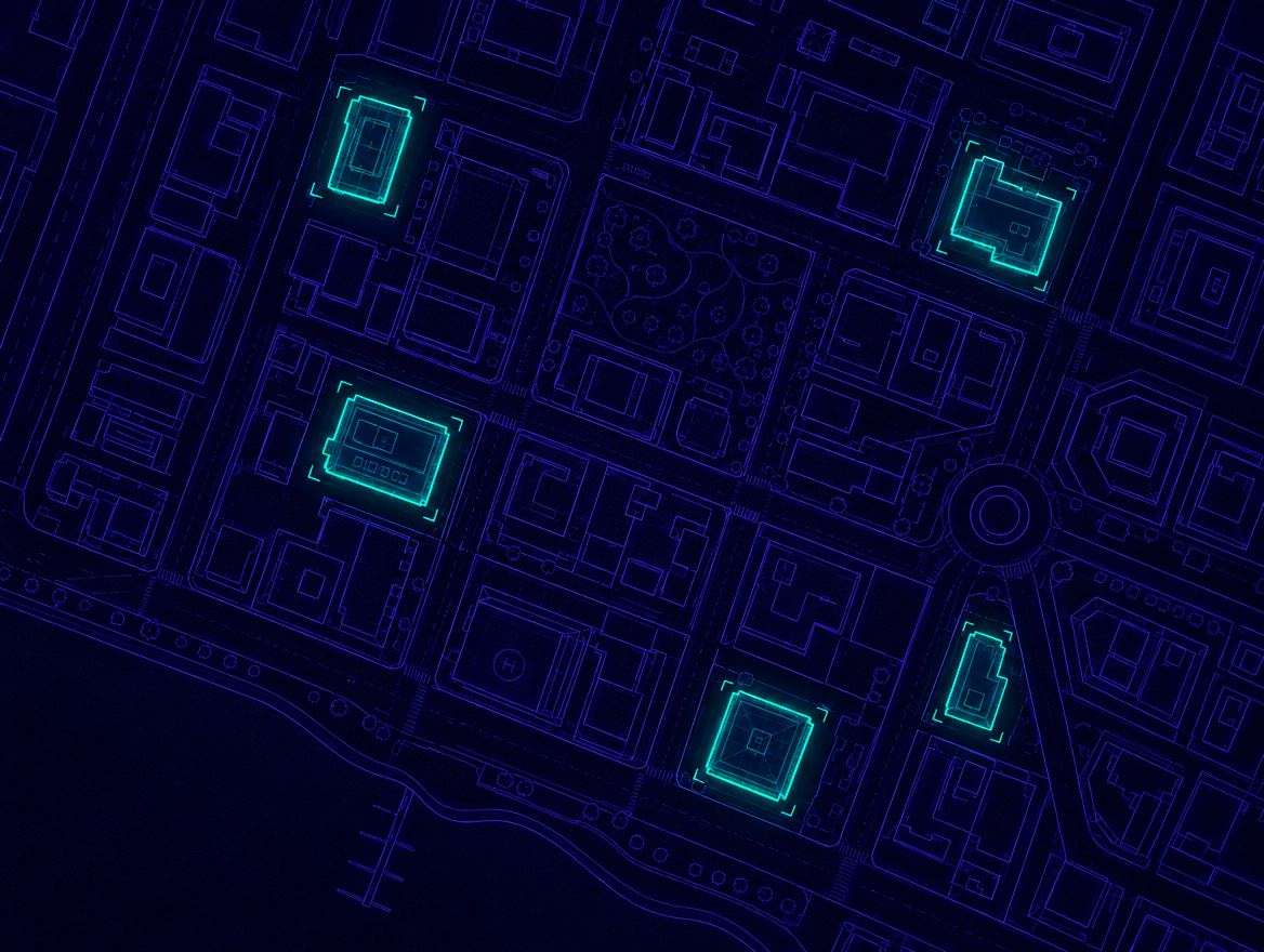Wireframe city map with target properties highlighted
