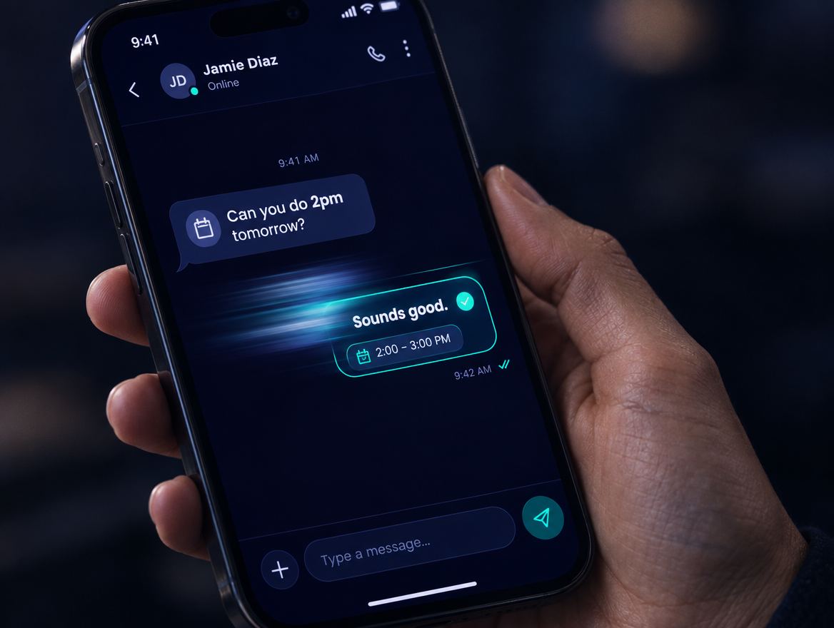 Phone chat showing an instant reply with a time slot