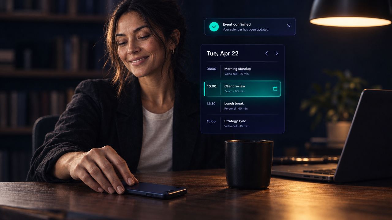 Calendar UI card with a confirmed appointment